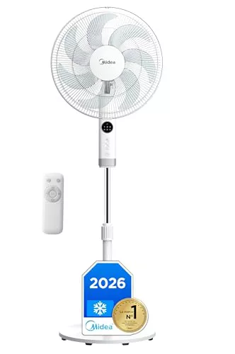 Midea Ventilador de Pie silencioso con Mando a Distancia y 3 velocidades - Ventilador Silencioso Oscilación 90º- Ventilador de Pie con Mando Temporizador 7h, Panel LED, Potente Motor, Altura Ajustable