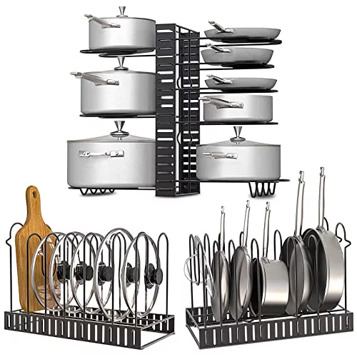 Toplife Organizador y Soporte de Sartenes y Ollas, Estante de Sartenes con 8 compartimnento Ajustable, puenden 2 métodos de Bricolaje para Almacenar Tapas de Ollas, Platos(Negro)