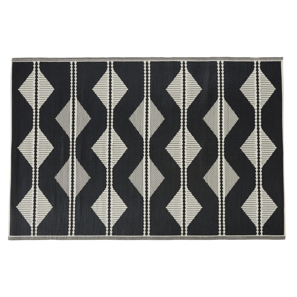 Alfombra de exterior reversible de polipropileno crudo y negro con estampado triángulos 180x270