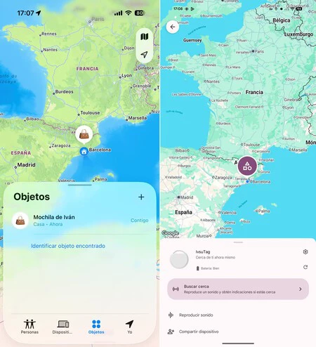 Izquierda, localización en Buscar (iPhone); derecha, búsqueda en Localizador (Android)