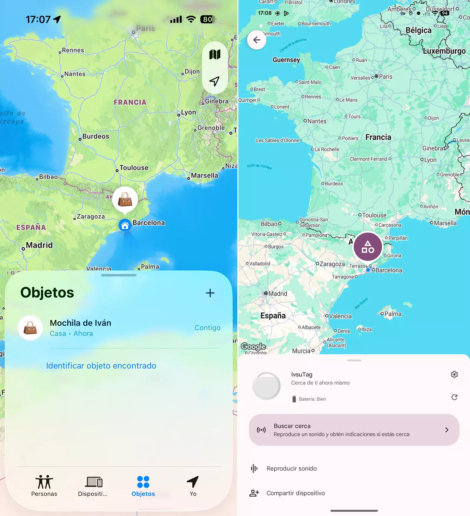 Izquierda, localización en Buscar (iPhone); derecha, búsqueda en Localizador (Android)