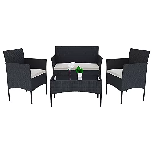 Arreditaly Juego de muebles de jardín salón de ratán de 4 plazas con mesa y estante de cristal