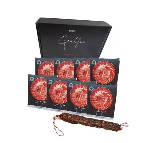 Jamón Ibérico de Cebo 50% de Raza Ibérica-8 platos 80 gr+ regalo chorizo o salchichón ibérico bellota - Envasado al Vacío – Jamón cortado a cuchillo. Fabrica.Marca Guiju-Salamanca-regalo lote.