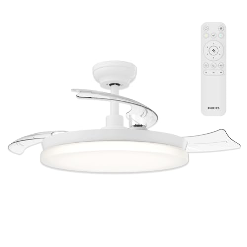 Philips Solr Lámpara de Techo con Ventilador de Aspas Retráctiles con LED, 3 Aspas, 106 Cm, 4500 Lúmenes, Luz Blanca Tres Tonos (2700 K/4000 K/5500 K), Regulable al 10%, Mando a Distancia, Blanco