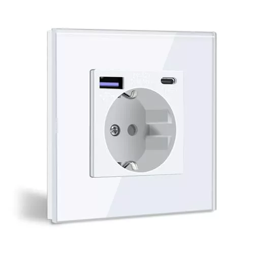 BSEED Enchufe de Pared con USB C 20W, Blanco Schuko Enchufe con Cargador Rápido USB Tipo C, 1 Gang Toma de Corriente con 2xCargadores USB y Typ C, Enchufe Integrado Adecuado