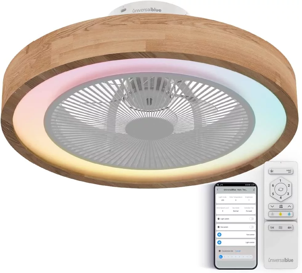 UNIVERSALBLUE Ventilador de Techo con Luz LED Multicolor y WIFI | Ventilador sin Aspas con Luz Regulable | Acabado en Madera