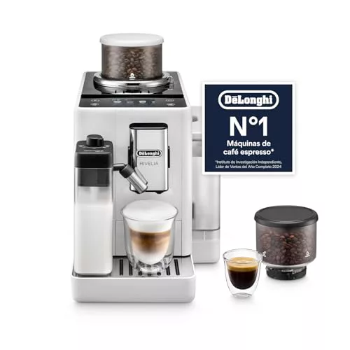 De’Longhi Rivelia – Cafetera Superautomática, LatteCrema Jarra de leche automática, 16 Bebidas One-Touch, Pantalla Táctil, Depósitos de Granos de Café Intercambiables, Blanco (EXAM440.55.W)