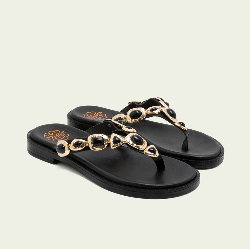 Sandalias de dedo destalonada de piel de mujer con adornos Negro Porronet