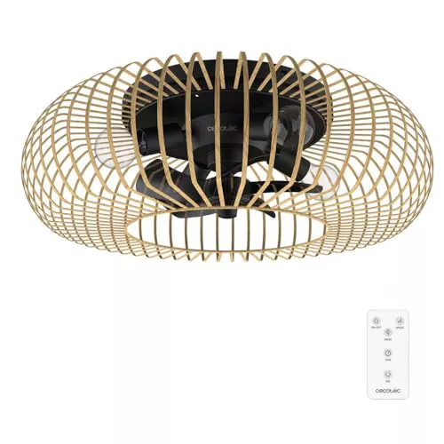 Cecotec Ventilador de Techo con Luz EnergySilence LampAero 600 Natural LightWood. 20W, Motor DC, Luz LED, 5 Aspas de 11", Mando, 3 Velocidades, Temporizador y Modo winter/summer