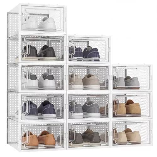 AURENZA Cajas de Zapatos Transparentes, Organizador de Zapatos Apilable de ABS con Apertura Frontal, Zapatero Modular con Ventilación, Fácil Montaje, Pack de 12