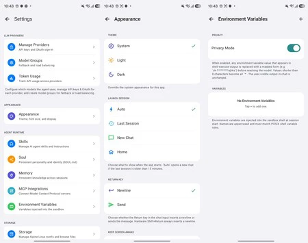 Menú de ajustes de OpenMinis con modo de privacidad activado por defecto