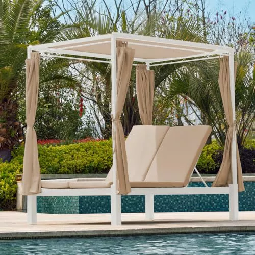 HAPPERS Cama Balinesa y Tumbona Doble Blanca con toldo para Jardín, Chill out y Exterior