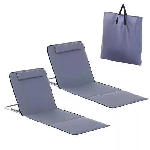 Outsunny Conjunto de 2 Esterillas de Playa Plegable Esterillas con Respaldo Reclinable en 5 Niveles Reposacabezas y Bolsa de Transporte 134x48x33-43 cm Gris