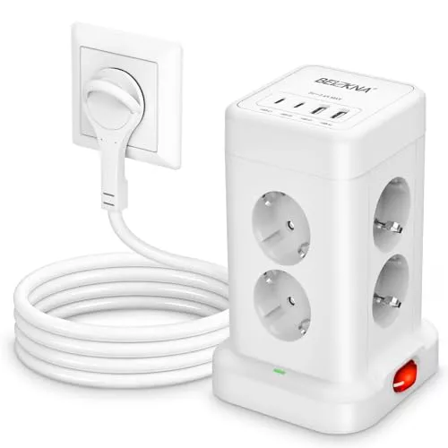 Regleta de Enchufes 8 Tomas con 4 USB y Protección contra Sobretensiones