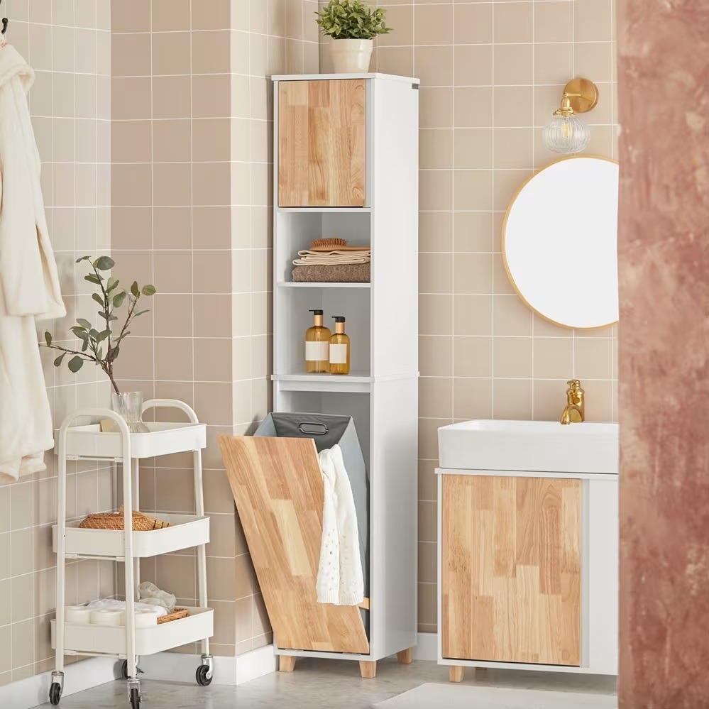 Armario alto baño con 1 cesto 1 puerta y 2 estantes madera blanco
