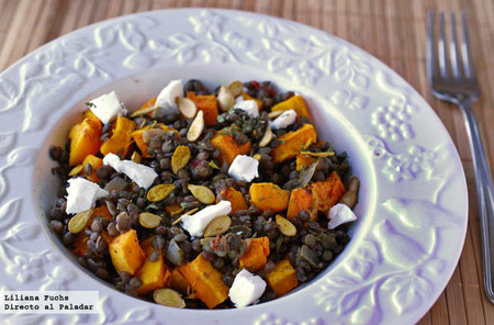 Receta de ensalada de lentejas con calabaza y queso de cabra