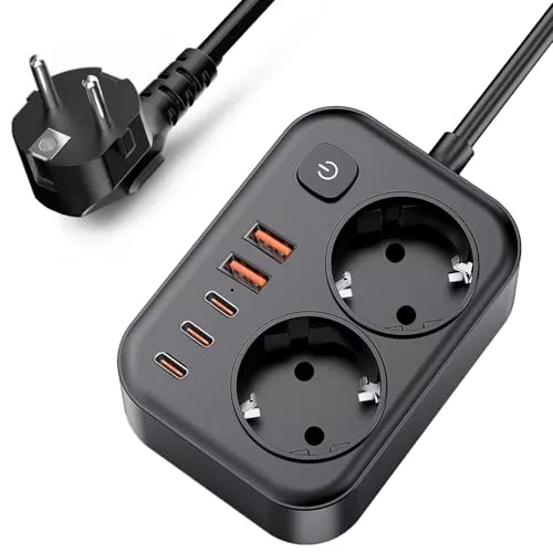 Regleta Enchufes 7-en-1 con USB-C Carga Rápida y Protección Sobretensión, 2 Enchufes con Interruptor y 5 Puertos USB(3 USB-C&2 USB-A) Cable Alargador 2M, para Casa, Oficina y Viajes