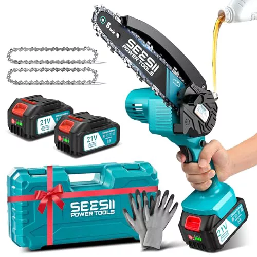 SEESII 6'' Mini Motosierra Bateria 8000mAh, Motosierra Eléctrica Bateria con Depósito Para El Aceite y Cadena Reemplazable, Motosierra Inalámbrica Portátil para Podar Árboles de Jardinería