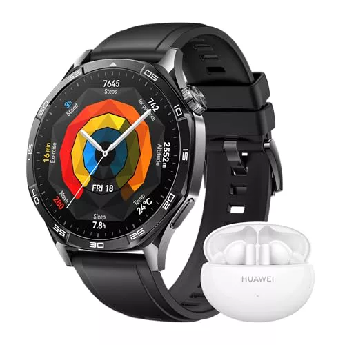 Huawei Watch GT 5 46 mm Smartwatch, Silueta con Diseño Sofisticado, Experiencia Running y Ciclismo, Seguimiento de salud, 14 Días de Duración, iOS & Android, Negro + FreeBuds 5i Blanco