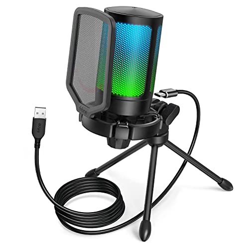 FIFINE Gaming Microfono para PC PS4 PS5, USB Condensador Micrófono de Cardioide para Ordenador Podcast Streaming Studio, con RGB, Botón de Silencio, Trípode, Filtro Anti-Pop, Soporte de Choque