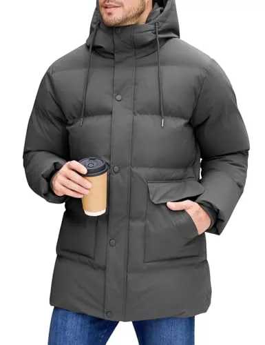 Xnova Abrigo Largo de Invierno para Hombre, Chaqueta Acolchada con Capucha Térmica Resistente Cálido Casual Parka Cazadora Prueba de Viento con Bolsillos (Gris, M)