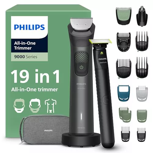 Philips Recortadora todo en uno de 19 en 1 Serie 9000 + OneBlade - Afeitadora y cortapelos hombre para rostro, cabeza y cuerpo, cuchillas de acero autoafilables, 27 longitudes, recargable, MG9956/15