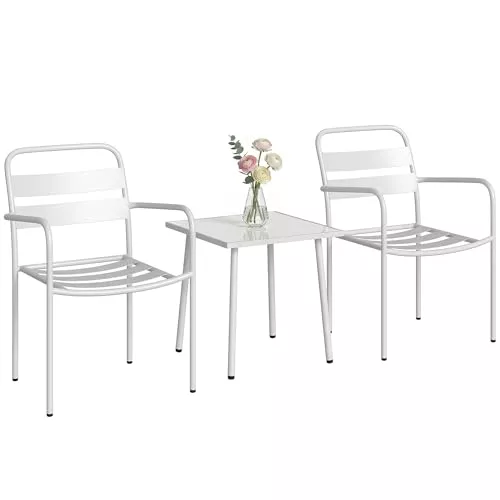 Outsunny Conjunto de Jardín Exterior de 3 Piezas, Muebles Jardín Exterior de Acero Galvanizado con 2 Sillas y Mesa de Vidrio Templado, Resistente a la Intemperie, para Balcón, Patio, Blanco