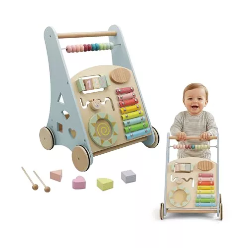 Buddy Baby Montessori- Andador bebés de madera - Carrito correpasillos para primeros pasos con juguetes y actividades - Carro caminador para bebé +12 meses (Laponia/Celeste)