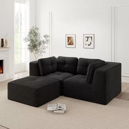 Sofá de Esquina en Forma de L, Sofá de Esquina con Otomanos, Sofá de Cordón Modular, Sofá de Cordón con Superficie de Asiento Profunda para el Salón, no se Requiere Montaje-BK-2S1