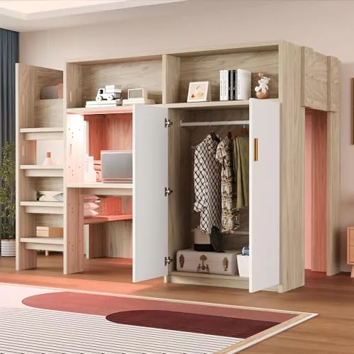 KecDuey Cama alta multifuncional de 90 × 200 cm, con escritorio, armario, estantería, compartimentos de almacenamiento e iluminación LED, con somier (color madera tipo 2)