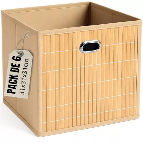 Pack x 10 cestas de almacenaje de bambú y tela LUXYSKY  (BEIGE, 31x31x31 cm)
