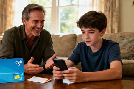 Padre explicando como usar el móvil a su hijo