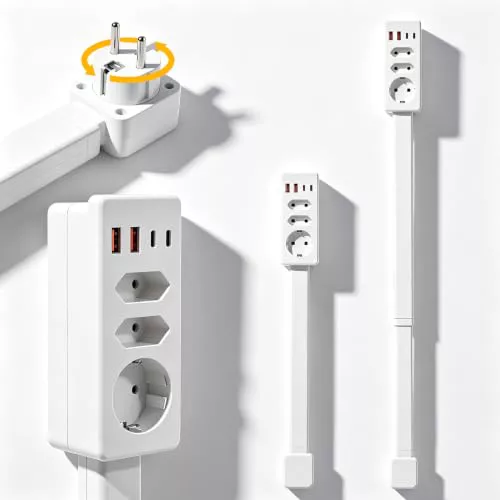 Regleta Extensible Pared, 4 Tomas AC (1F+2C/E), 4 USB (2A+2C), Giro 360°