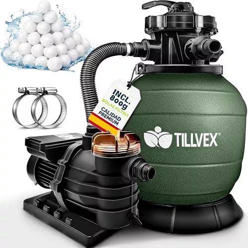 tillvex Depuradora de Agua para Piscina 10 m³/h + 800g Bolas de Filtro - 7 Funciones de Filtrado - Bomba de Filtro de Arena con Válvula (Verde)