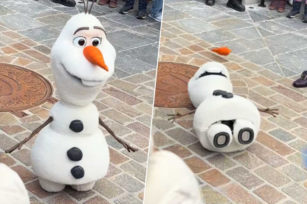 A Olaf le pueden los nervios del estreno en Disneyland París y deja una estampa surrealista frente a familias y niños