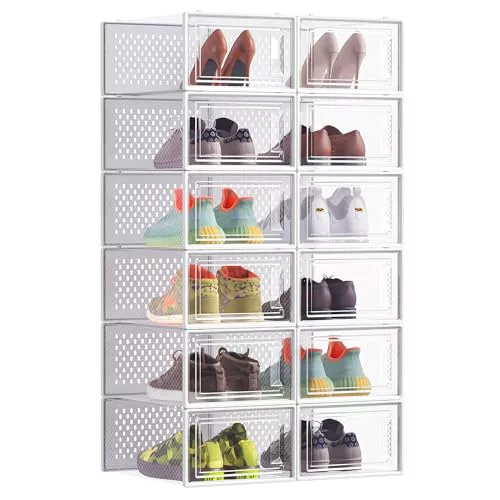 SONGMICS Cajas de Zapatos, Organizador de Zapatos de Plástico, Plegable y Apilable, para Zapatos de hasta Talla 43, Juego de 12, Transparente y Blanco Nube LSP12SWT