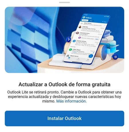 Aviso que aparece actualmente en Outlook Lite