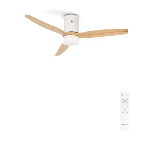 CREATE / WINDCALM/Ventilador de techo con luz blanco aspas madera clara y mando / 40W, Silencioso, Ø132 cm, 6 velocidades, 3 temperaturas de luz, temporizador, función verano-invierno