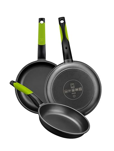 BRA Prior Set de 3 Sartenes, 18-22-26 cm, Aluminio Fundido Antiadherente, con Dos Salvamanteles Safe Verdes, Aptas para Todo Tipo de Cocinas Incluida Inducción