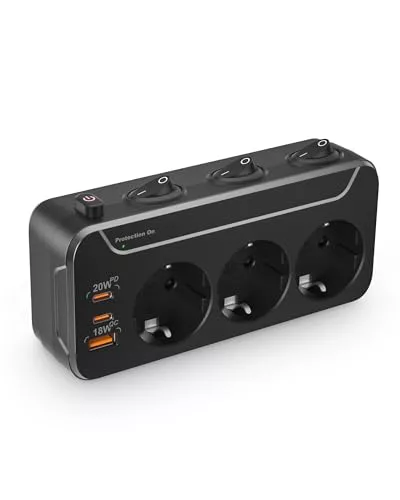 Ladron Enchufes Plano con Interruptor Individuales y 3 USB