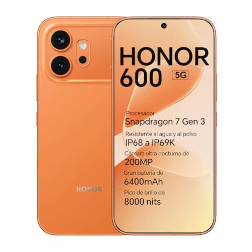 HONOR 600 5G Smartphone, Pantalla AMOLED 6,57" 120Hz, 8+512GB,Cámara 200MP, Grande Batería 6400mAh, Carga 80W, IP68/IP69K (Orange, 512,GB, 8GB)
