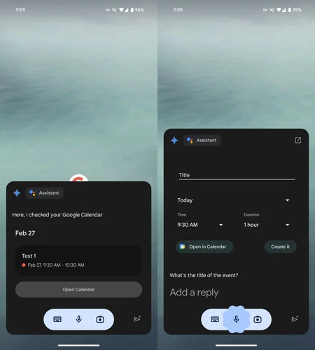 左: カレンダーに次のイベントが表示されている双子座。右: 新しいイベントの作成を開始する仮想アシスタント。画像: 9to5Google。