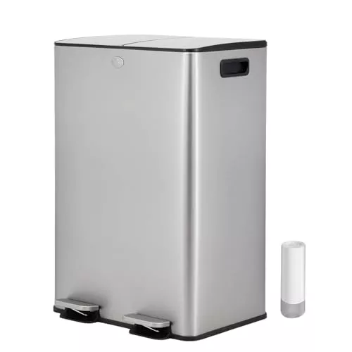 Vidacharmy - Cubo de Basura para Cocina 2 x 20L (40L), Cubo de Reciclaje Doble, de Acero Inoxidable Antihuella, con Tapa de Cierre Suave y Pedal, Incluye 20 Bolsas de Basura, Compartimentos Separados