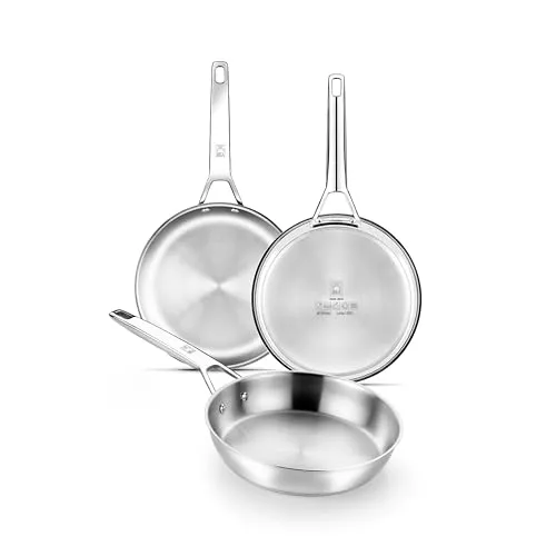 BRA Signature - Juego de 2 sartenes de 24 y 28 cm, acero inoxidable 18/10, sin revestimiento antiadherente, base difusora triple, apto para todo tipo de cocinas y placas de inducción, acabado pulido