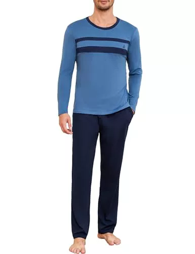 Marvmys Pijamas Hombre Invierno Largo Conjunto Algodón Manga Larga Tops Pijama Pantalones con Bolsillo S-3XL