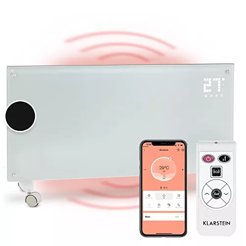 Klarstein Radiadores Bajo Consumo Electricos para Casa, Estufa Electrica de 2000W con Ruedas, Radiador Electrico Silencioso, Portátil y Delgado, Estufas con Panel para Pared, Pantalla y Termostato