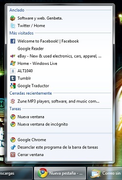 La última Dev release de Chrome añade Jump Lists en Windows 7