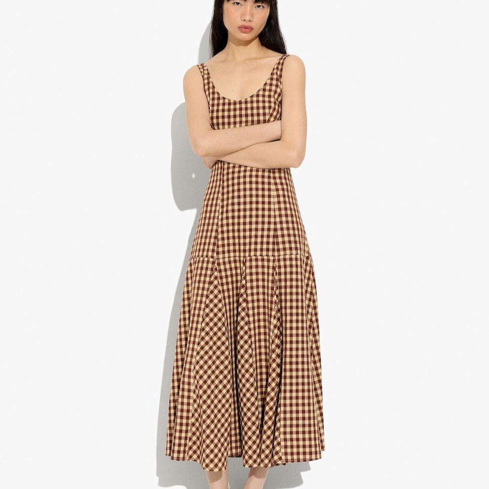 Vestido largo de tirantes con estampado vichy - Parfois - Marrón

