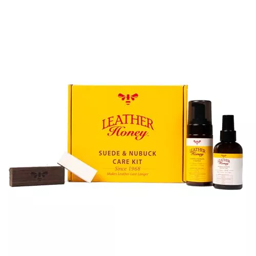 LEATHER Honey Kit de cuidado nobuk: limpiador, protector, cepillo y borrador. Limpia, protege y restaura zapatos, botas, UGGs, muebles, chaquetas y más. Seguro para cualquier color.
