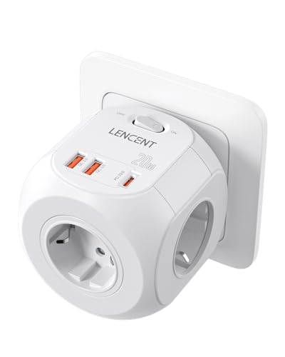 LENCENT Enchufe USB Cubo con Carga Rápida PD20W, Ladron Enchufe 4000W con 4 Tomas de CA, 2 USB y 1 PD20W